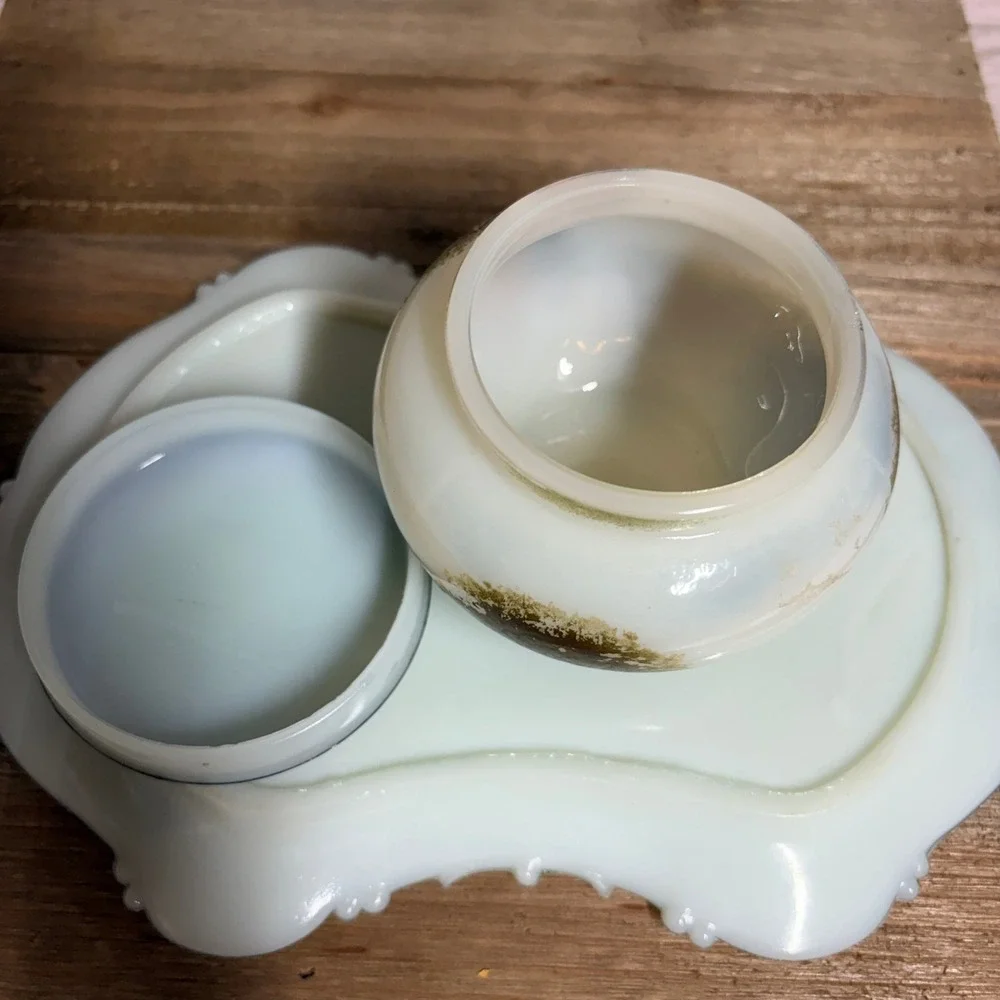 Antique Milk Glass Vanity Set Green Gold Painted Trinket Jar and Tray